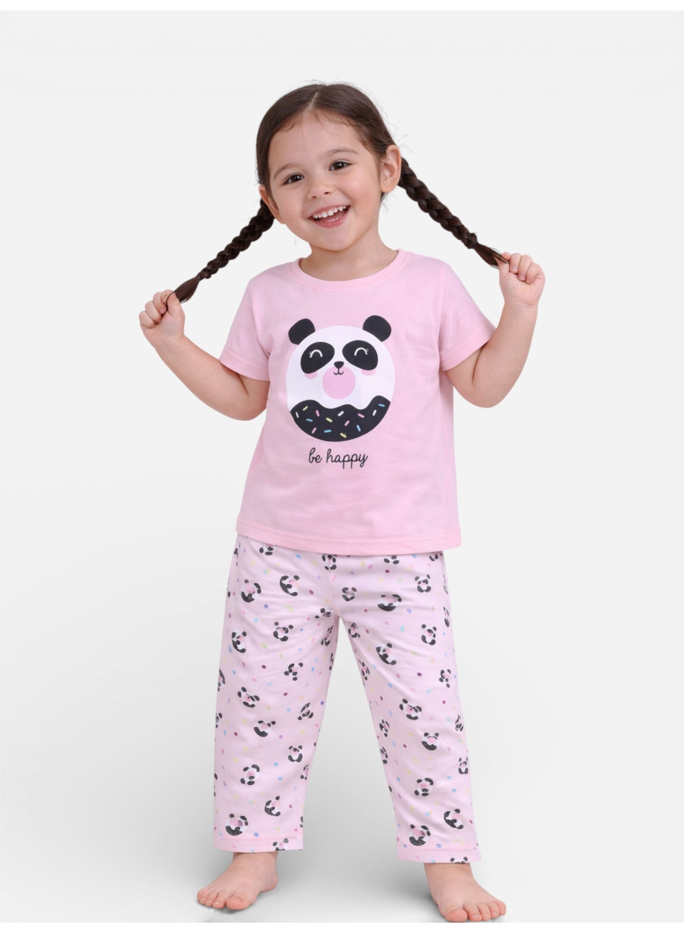 victor and jane Girls Panda Print Cotton Pajama Set – T-Shirt & Full Pants Nightwear